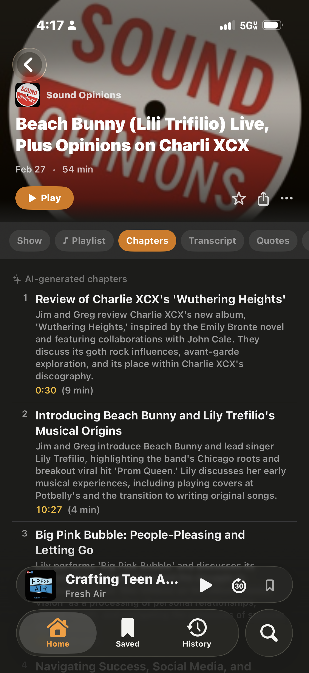 Chapters tab showing AI-generated chapters for a Sound Opinions episode about Charli XCX, with descriptions and timestamps